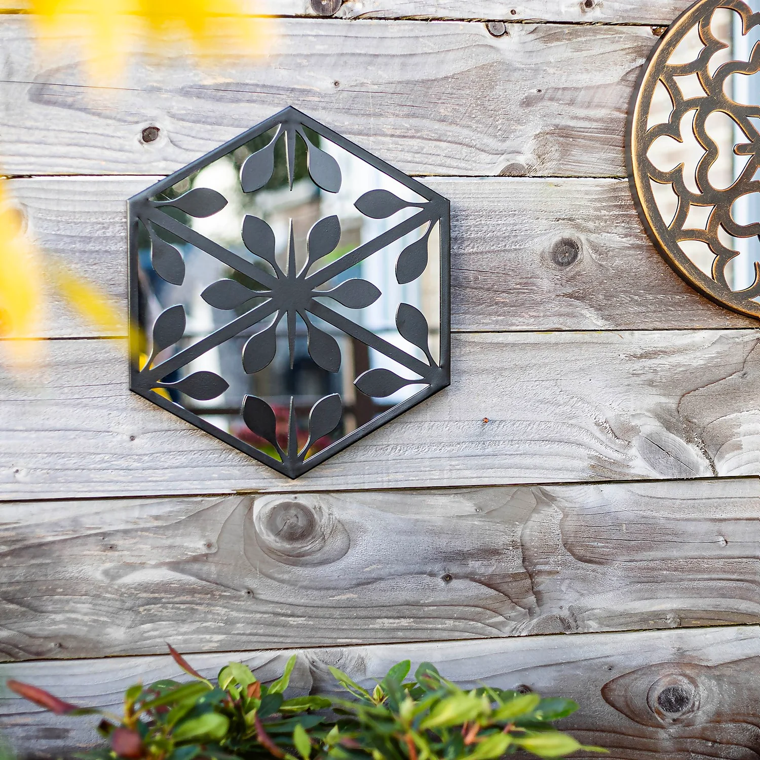 Hexagonal Laser Cut Outdoor Mirror 35cm - Black 4 Hexagonal Laser Cut Outdoor Mirror 35cm - Black - Image 4